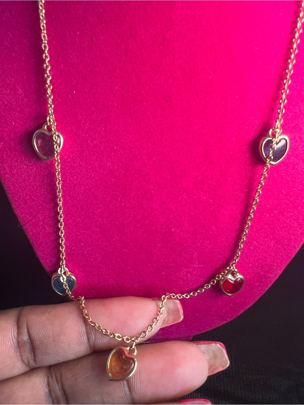 Sarah Coventry Gold Heart Charm Long Necklace with Multicolor Enamel Hearts - Picture 3 of 4